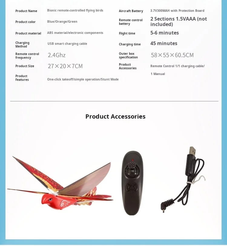Red and gold bionic remote control flying bird toy with detailed wing patterns designed for outdoor remote control use.
