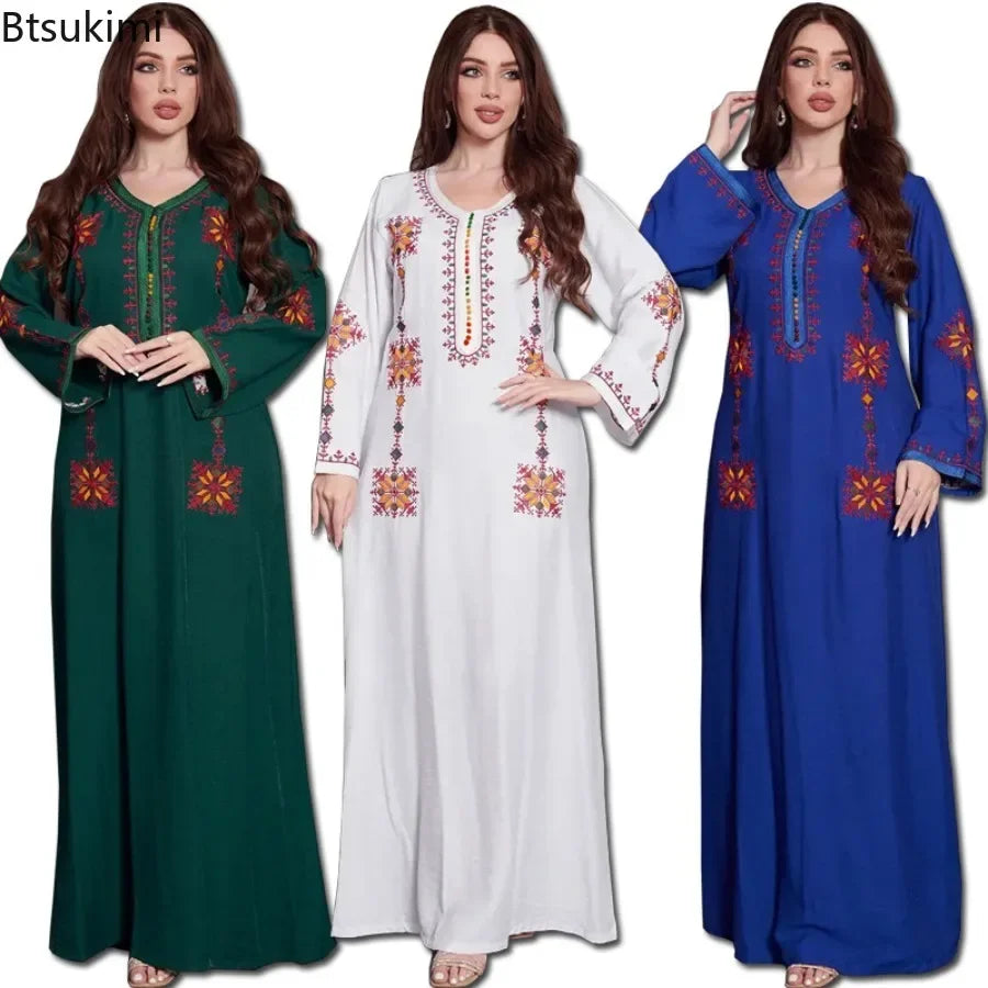 Muslim Fashion Abaya for Women Colorful Embroidery Floral Dress Loose Ethnic Style Arab Robe Ramadan Gown Dubai Kaftan Vestidos