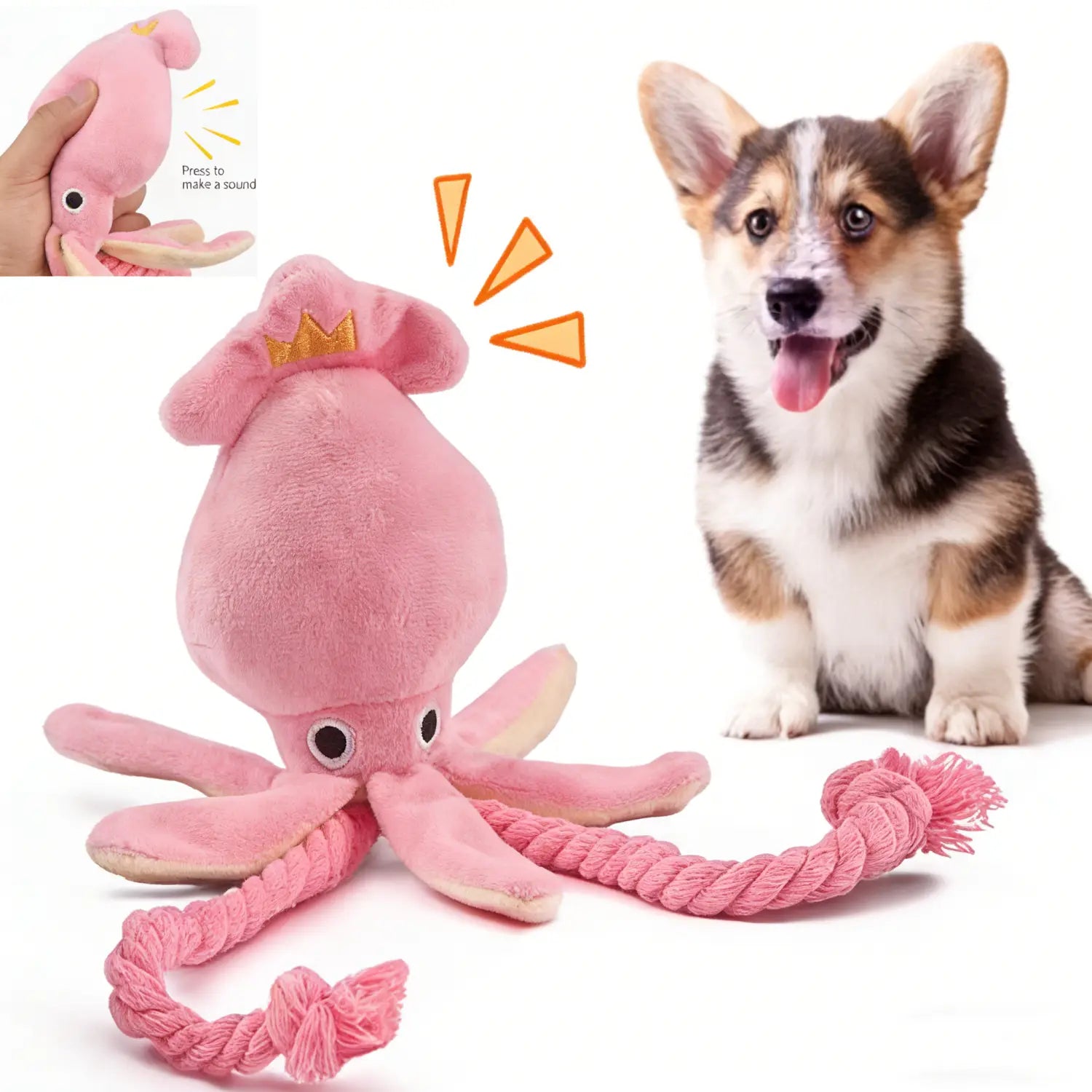 pink plush chew toy octopus with a crown and rope tail designed as a sound plush dog toy