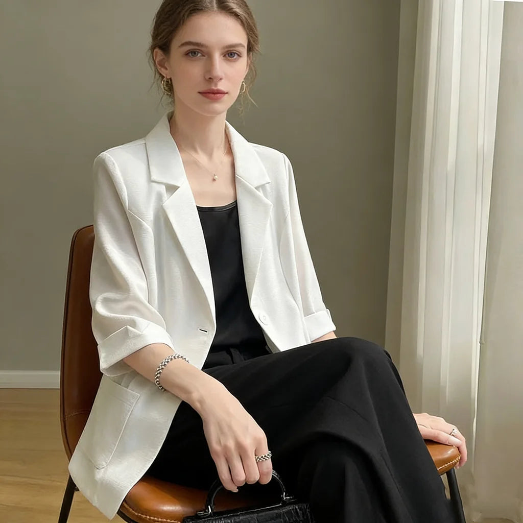 Women White 3/4 Sleeve Blazer Elegant Office Business Suit Jacket Loose Pocket Formal Workwear Ladies Casual O