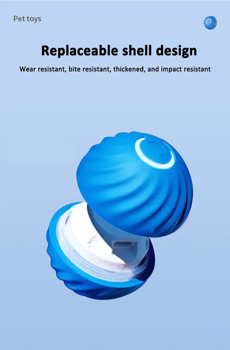 A blue shell-shaped rechargeable rolling ball dog toy with a replaceable design and white inner lining shown from the front.