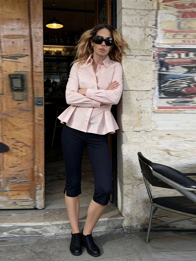Women's Chic Skirt Style Hem Blouses Shirts Spring Summer Female Single Breasted Slim Fit Long Sleeved Shirts Lady OL Shirt Tops