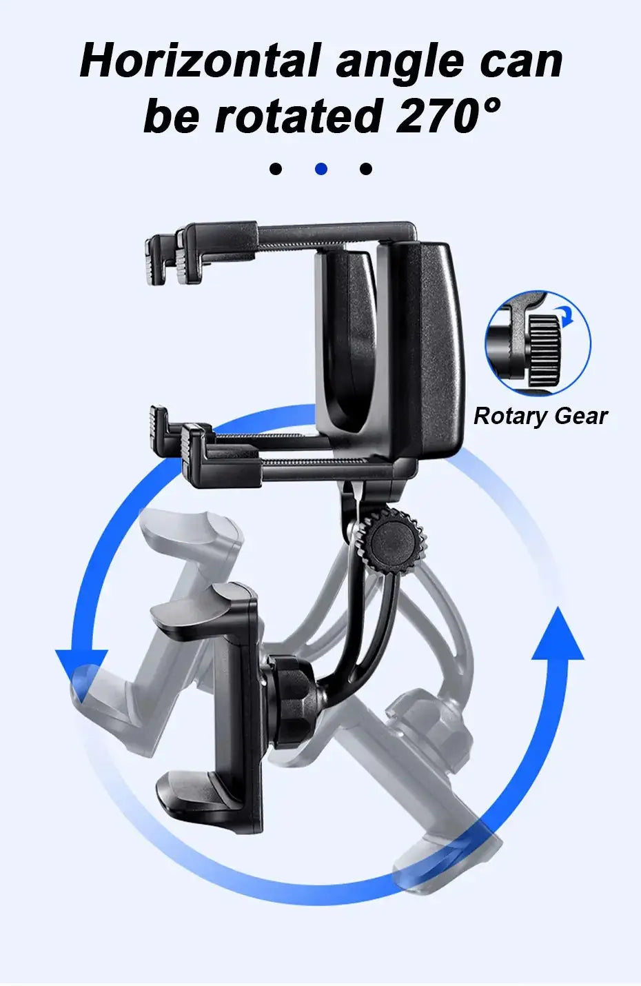 Black plastic rearview mirror car phone holder with 270-degree horizontal rotation and rotary gear mechanism.