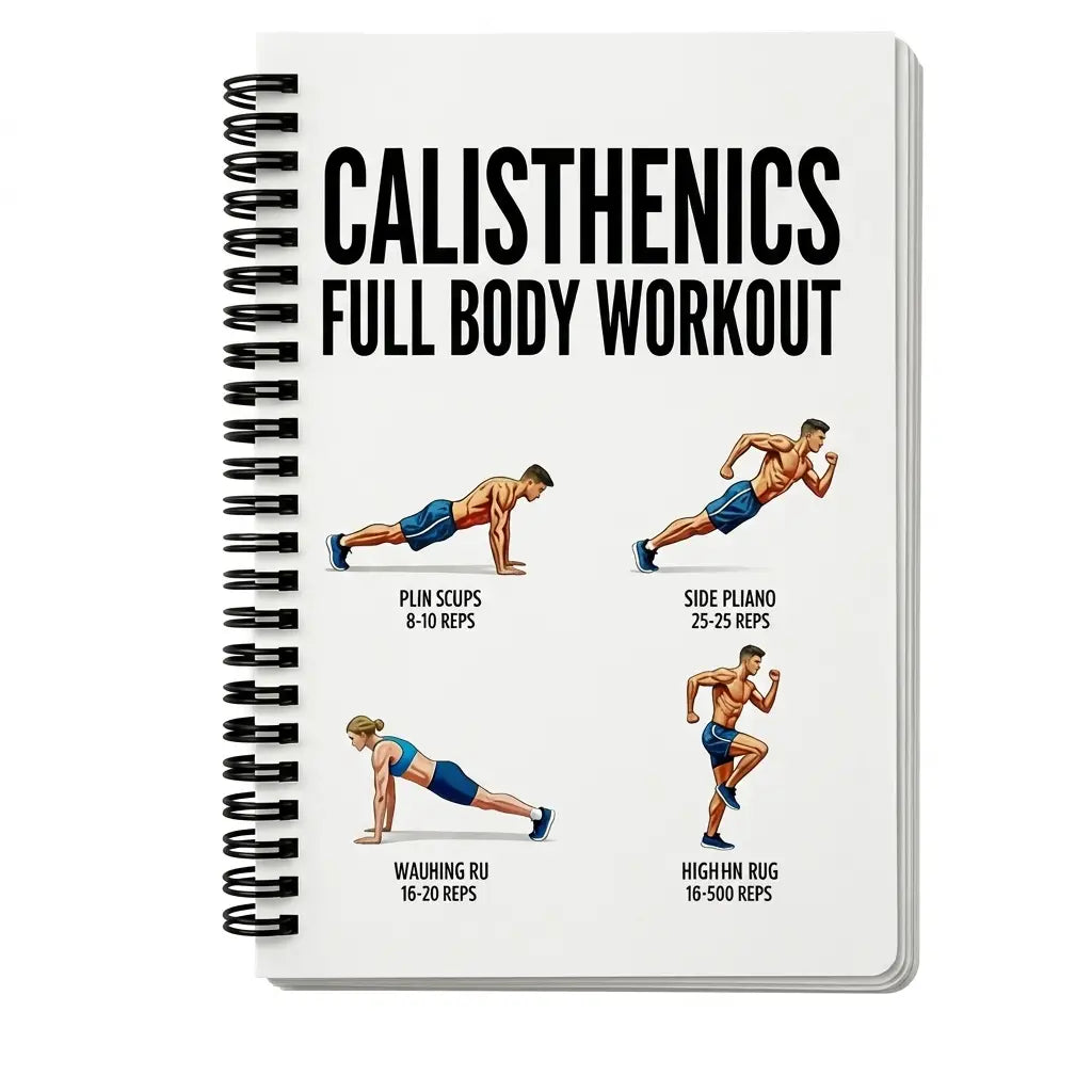White spiral-bound calisthenics workout journal and fitness planner featuring bold black text and colorful exercise illustrations on the cover.