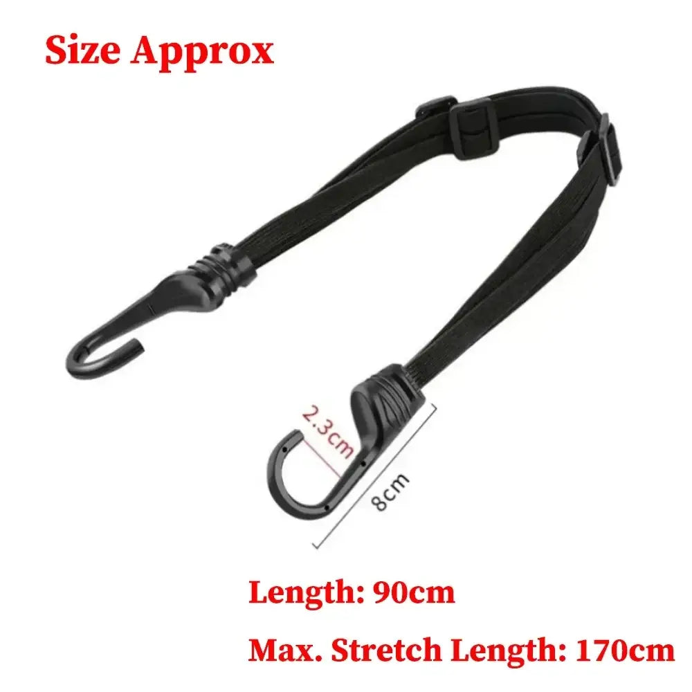 Black elastic strap with two hooks visible from front for car trunk organizer and cargo securing use