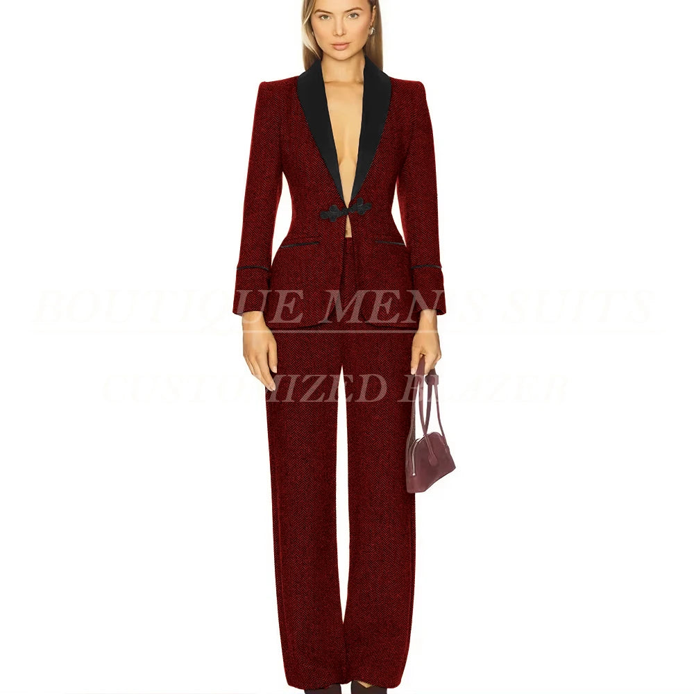 Formal Women's Suits Tweed Single Button Shawl Lapel Slim Fit 2 Piece Jacket Pants Luxury Office Lady Female Clothing Outfits