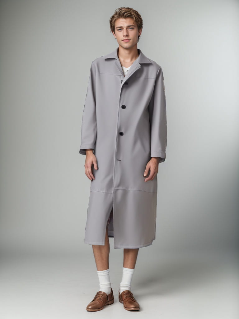 Un élégant trench-coat long en cuir gris clair pour homme, avec boutons noirs et fente avant discrète, idéal parmi les longues vestes en cuir.