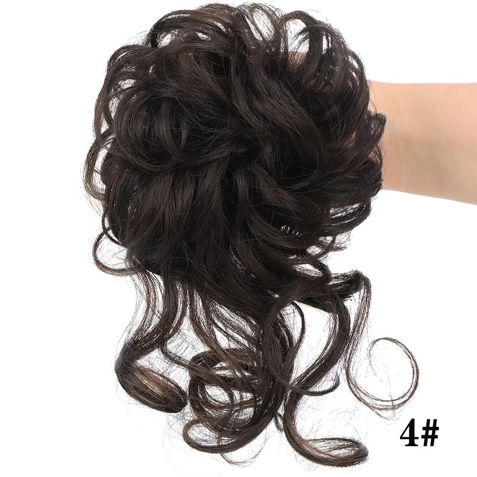 dark brown voluminous curly synthetic hair bun scrunchie hair piece shown from the back side