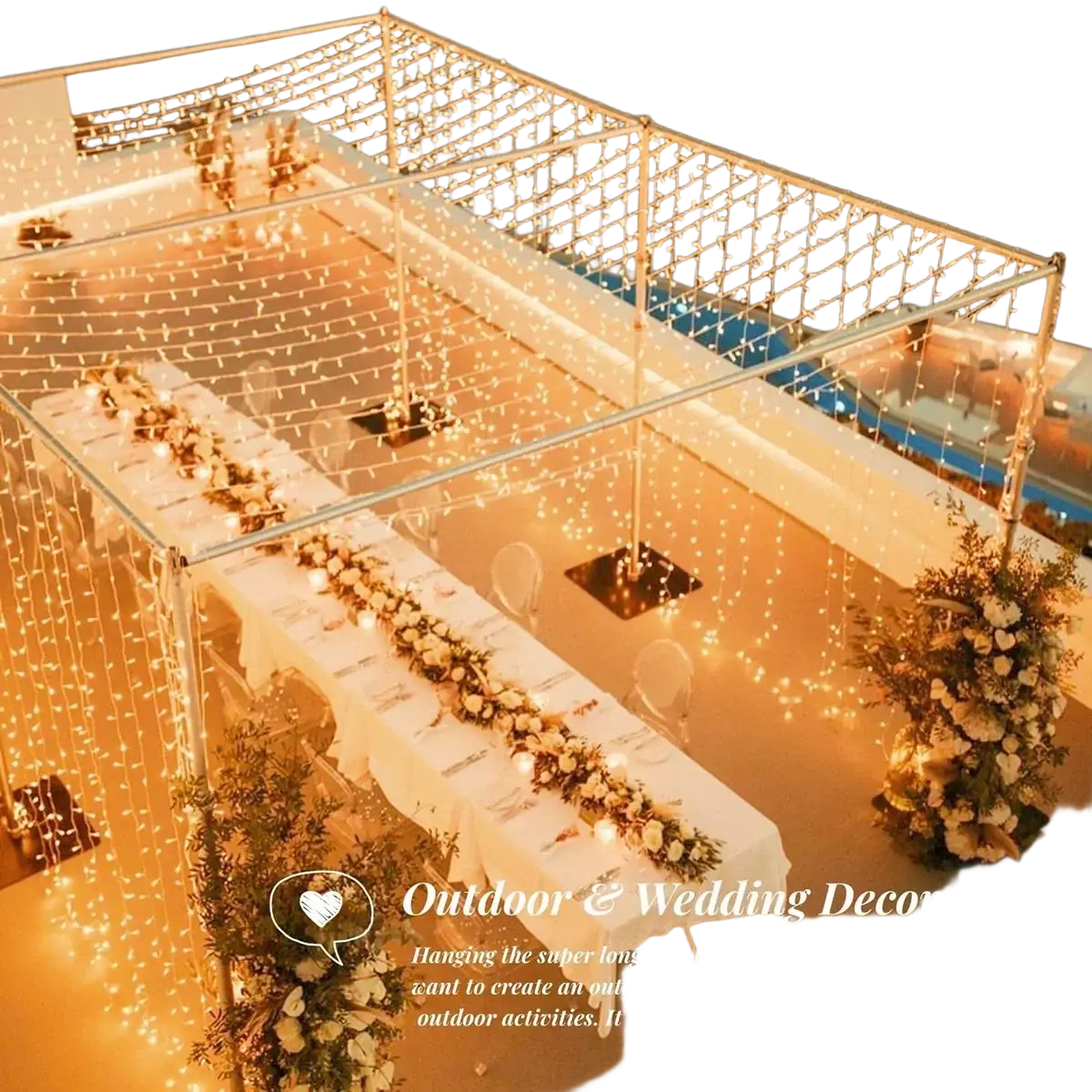 Led fairy string lights with remote control showing warm white bulbs in a grid pattern for outdoor wedding decor