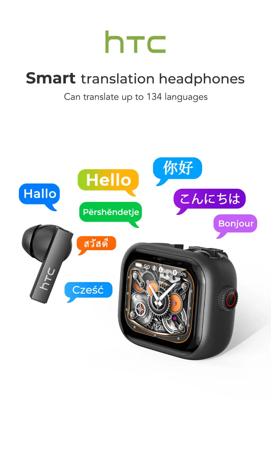 Écouteurs sans fil HTC NE40 noirs avec un design moderne et épuré et un étui de charge intelligent, intégrant un affichage doté d’un motif évoquant une roue d’engrenage.