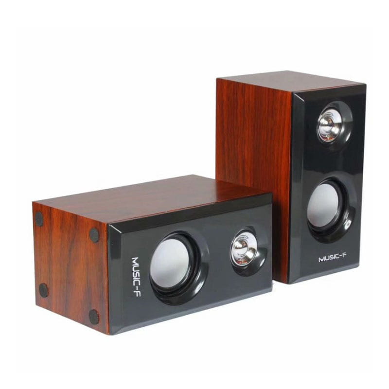 Pair of music-f brand usb wooden computer speakers with a glossy black front panel and rich brown wood-grain finish on the sides designed for surround sound stereo use.