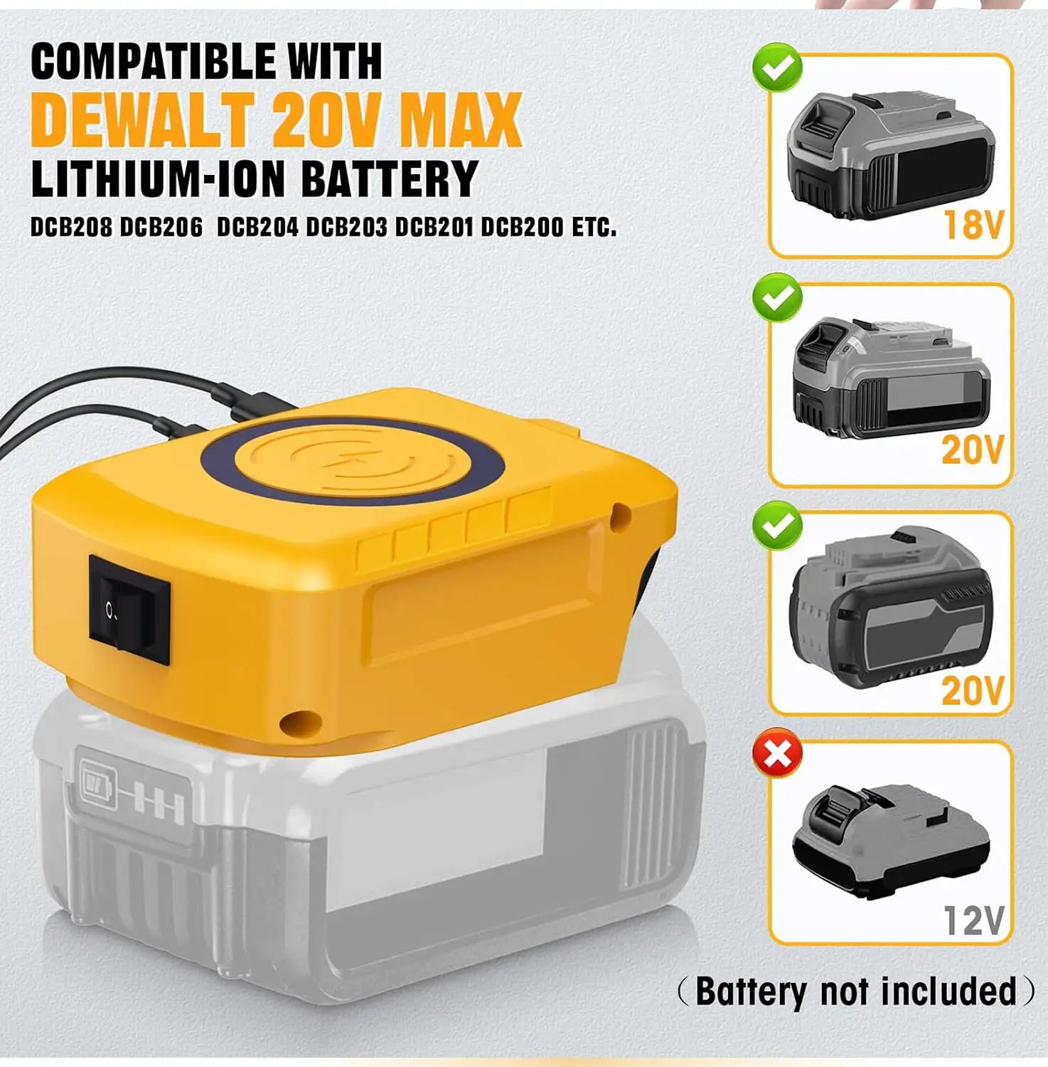 Banco de energía inalámbrico de plástico amarillo intenso, con selector de alimentación negro y diseño de almohadilla de carga circular, compatible con baterías de iones de litio DeWalt 20 V MAX, con protocolo de carga rápida para herramientas Makita, DeWalt y Milwaukee de 18 V.
