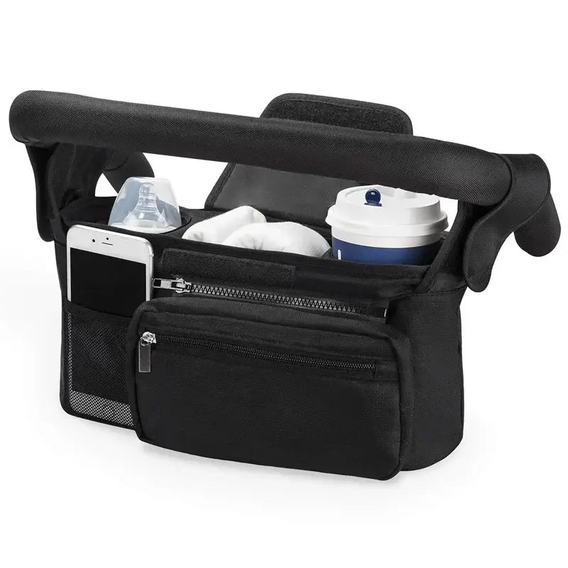 schwarze Stoff-Babywagen-Organizer-Tasche, hohe Kapazität, mit mehreren Fächern und einem gepolsterten Griff für ein bequemes Tragen.