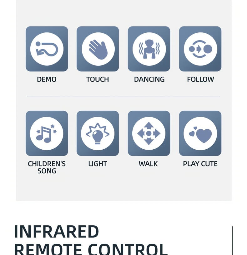infrared remote control with eight function icons including demo, touch, dancing, follow, children’s song, light, walk, and play cute for a remote control robotic dog toy with rechargeable battery.
