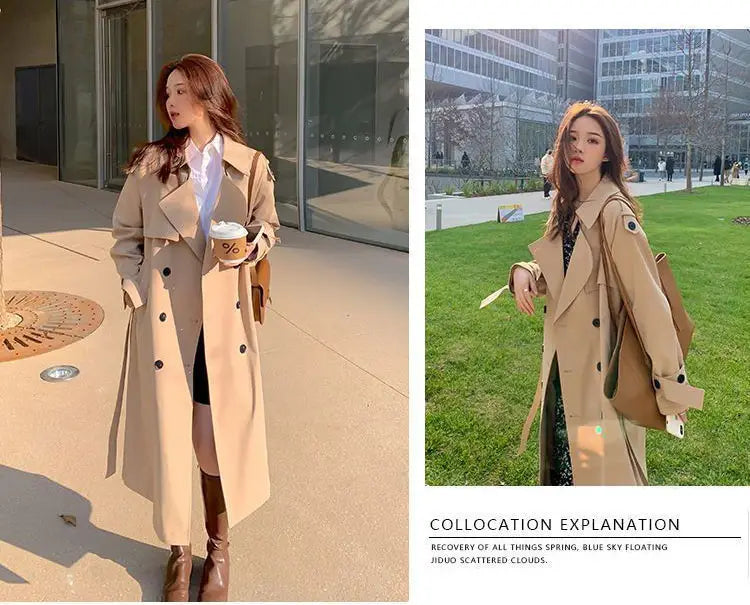 Women double breasted trench coat in beige with black buttons and a classic design.