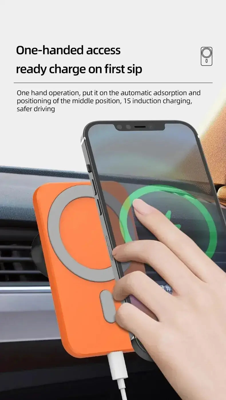 iPhone用のワイヤレス充電器磁気カーマウント。グレーの円形ワイヤレス充電パッドとシルバーのボタンを備えたオレンジ色の磁気電話マウント。