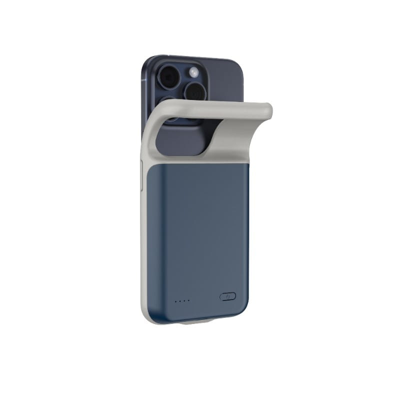 étui de batterie de 10000 mAh élégant bleu marine et gris clair pour iPhone 17air, 17pro et 17promax, au design minimaliste et doté d’une prise intégrée pour une manipulation aisée