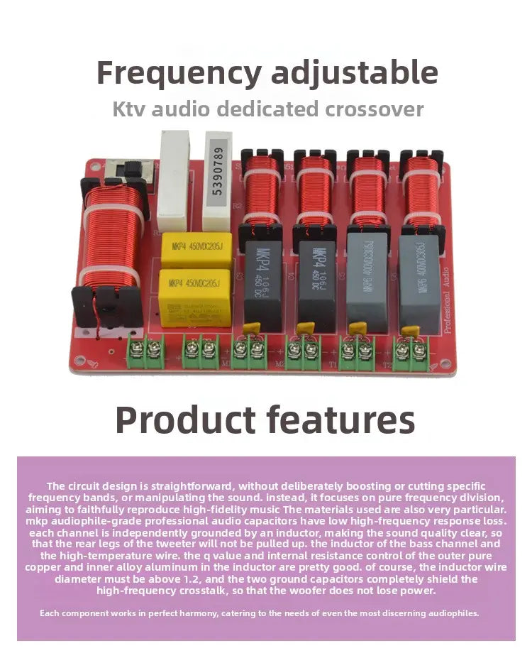Red frequency adjustable 5-way speaker crossover board for high power ktv stage audio with black and yellow capacitors, red inductor coils, and green terminal connectors.