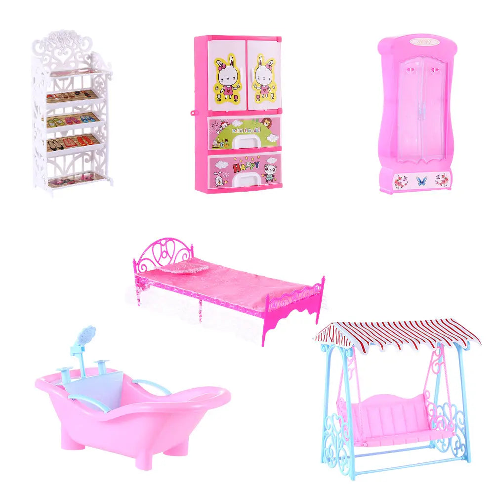 Rosa Kunststoff-Puppenhaus-Schlafzimmer-Set mit dekorativen Miniaturmöbelstücken für Wohnraumdekoration in einem Puppenhaus-Miniaturmöbel-Set.