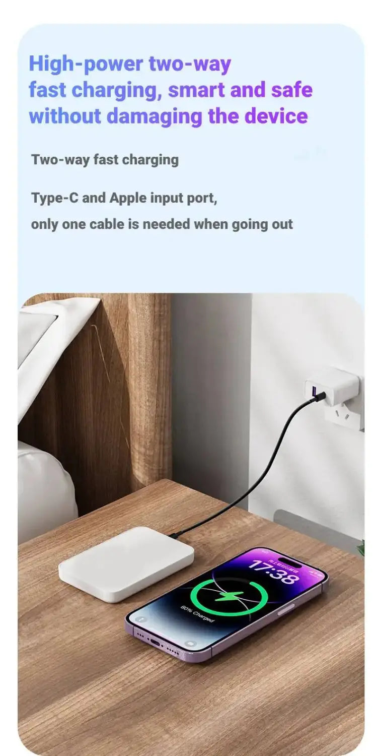 white rectangular magnetic power bank 20000mah fast charging pad with type-c and apple input ports featuring magnetic suction for efficient power delivery