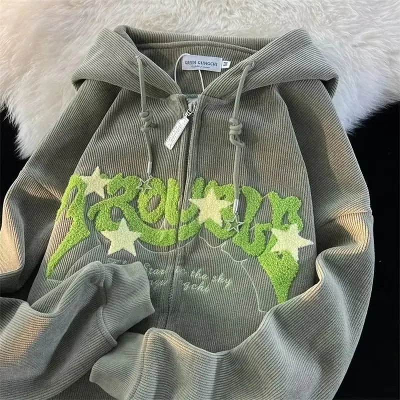 Women Letter Printed Hoodies Autumn Vintage Zip Up Loose Hooded Sweatshirts Harajuku Long Sleeve Jacket Clothes