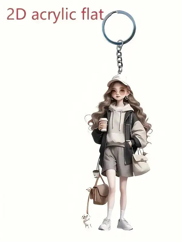 A 2d acrylic flat keychain featuring a stylized cartoon girl with long wavy hair wearing a white cap, hoodie, and shorts, titled Cute Acrylic Girl Keychain Cartoon Pendant.