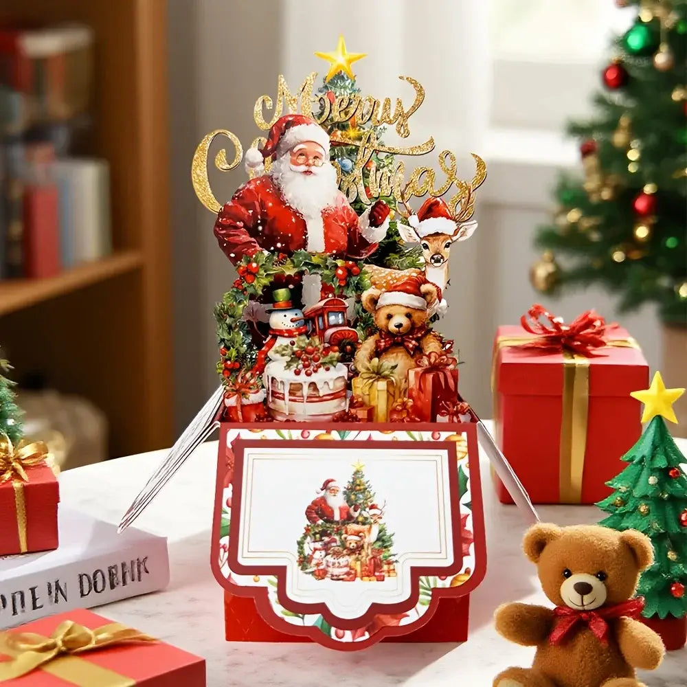 赤と金のクリスマスをテーマにした3Dのポップアップカードで、サンタクロース、トナカイ、テディベア、そしてホリデーのご挨拶のために設計された華やかな飾りがあしらわれています。