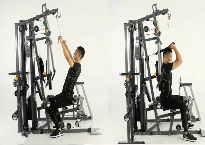 Black metal 3-station multi-function home gym equipment with adjustable weight stacks and pulley system.