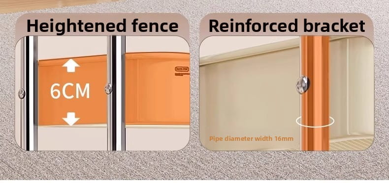 Orangefarben lackiertes Metallzaunpaneel mit 6 cm Höhe und verstärkter Halterung für eine sichere Montage am Rollregal für mehrstufige Kunststoff-Organizer