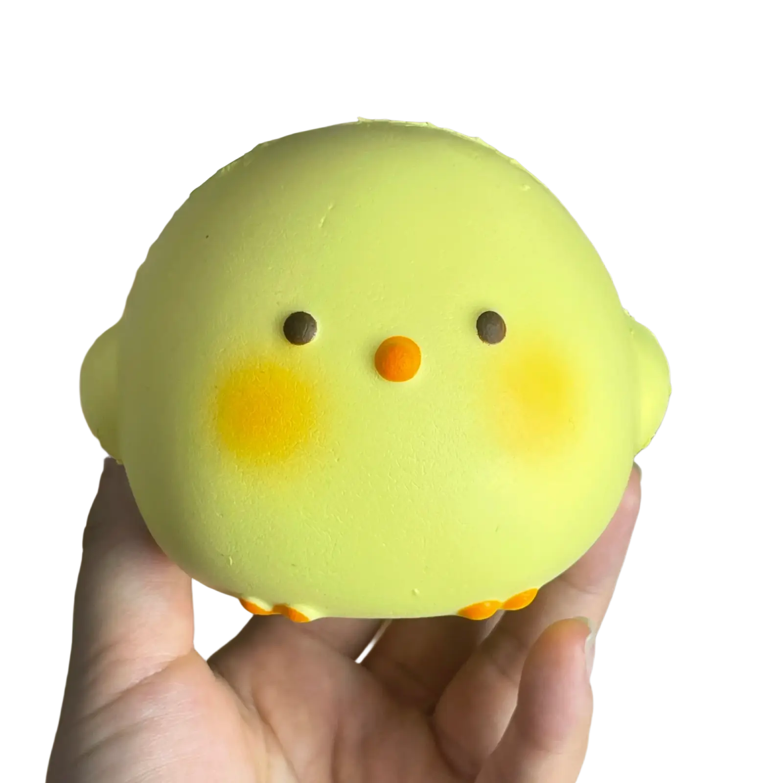 Un juguete blando tipo gallina gigante de color amarillo pálido y suave con pico y patas naranjas, mostrado desde el frente para aliviar el estrés.