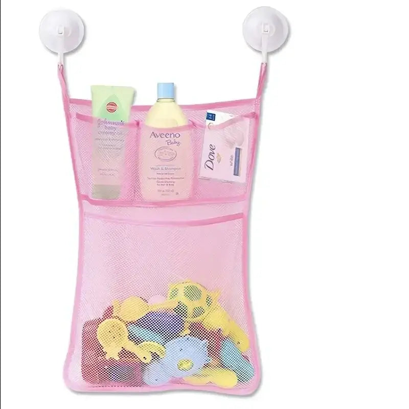 Pink mesh bath toy storage bag with two white suction cups for wall mounting.