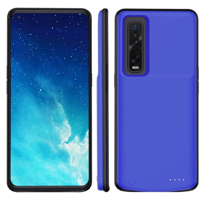 ブラックのトリムと内蔵バッテリーを備えた、OPPO Find X2 Pro 用の鮮やかなブルーのバッテリーカバー・パワーバンクケース。背面側に縦型のカメラモジュールを表示しています。