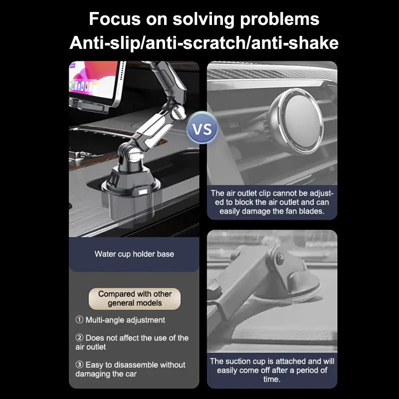 Silver metallic car phone mount featuring 360-degree multi-angle adjustment and anti-slip design for hands-free use.