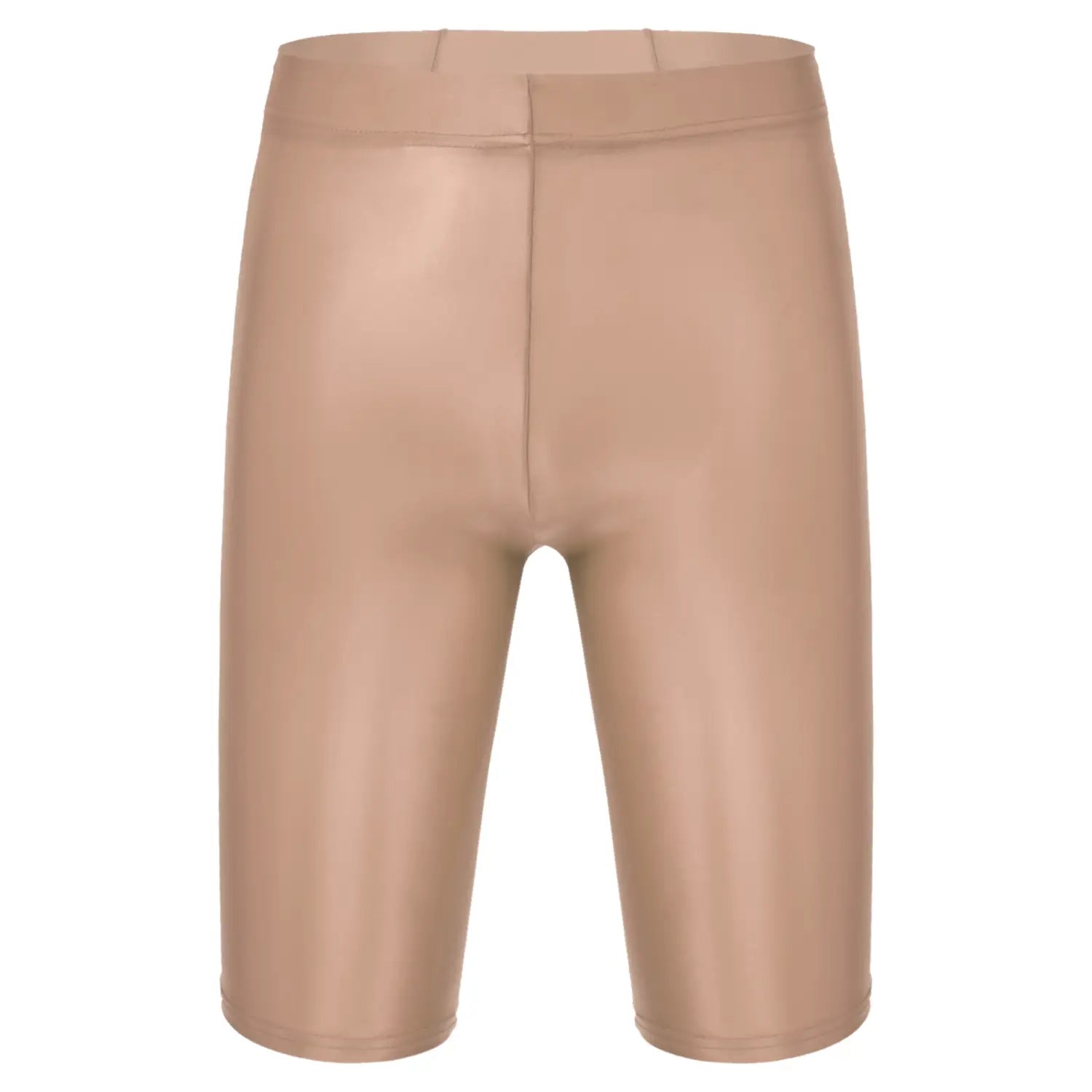 Shorts de bicicleta beige ajustados, con tejido liso y brillante y diseño de cintura alta, que complementan la camiseta de compresión para hombre de manga larga y acabado brillante.