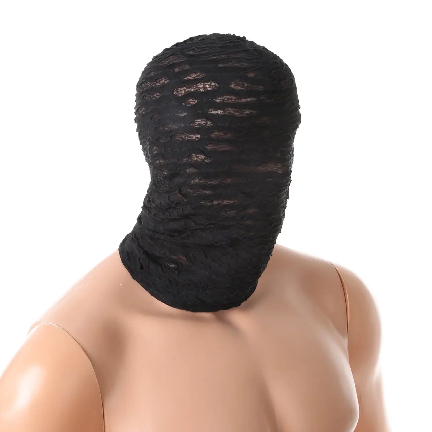 capuche en résille noire déchirée en dentelle noire avec un masque de momie, doté d’un motif en résille texturée conçu pour un cosplay d’Halloween