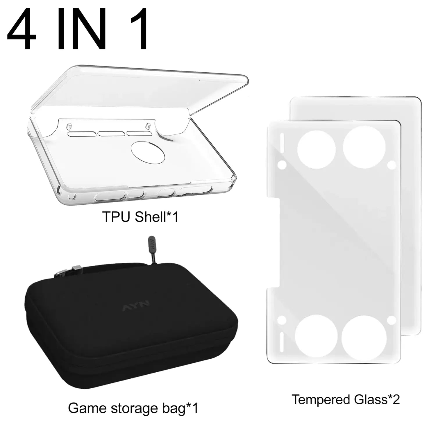 Clear TPU shell with precise cutouts for ayn thor gaming console, two transparent tempered glass screen protectors, and a black fabric game storage bag in the Ayn Thor 4-in-1 accessories combo kit.