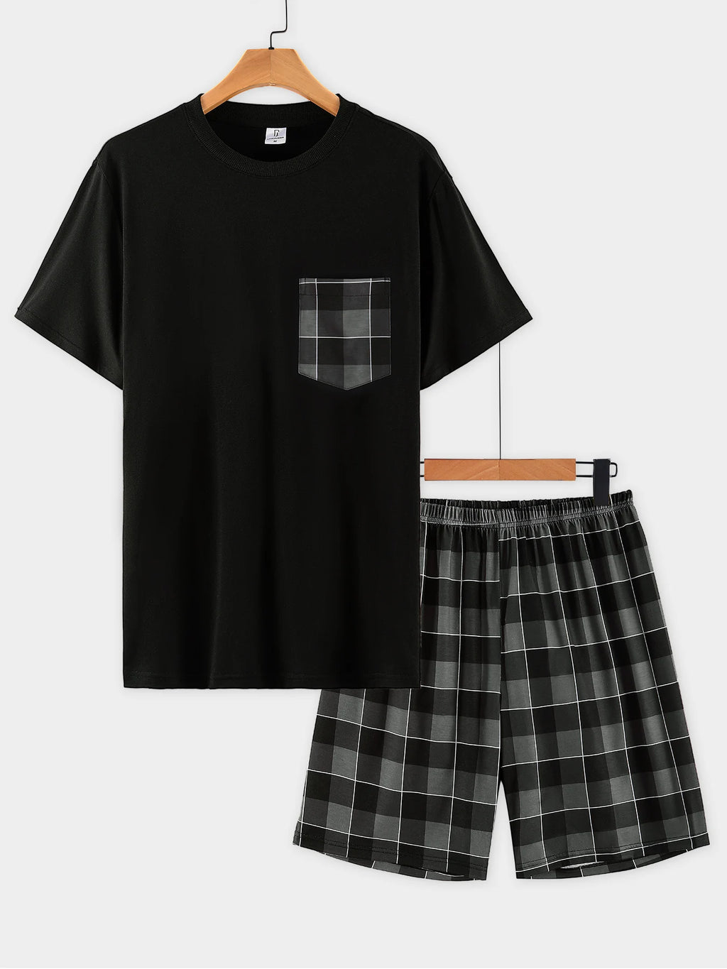 Men's Black & Gray Plaid Pocket Pajama Set 2 Piece Short Sleeve & Shorts Comfortable Loungewear