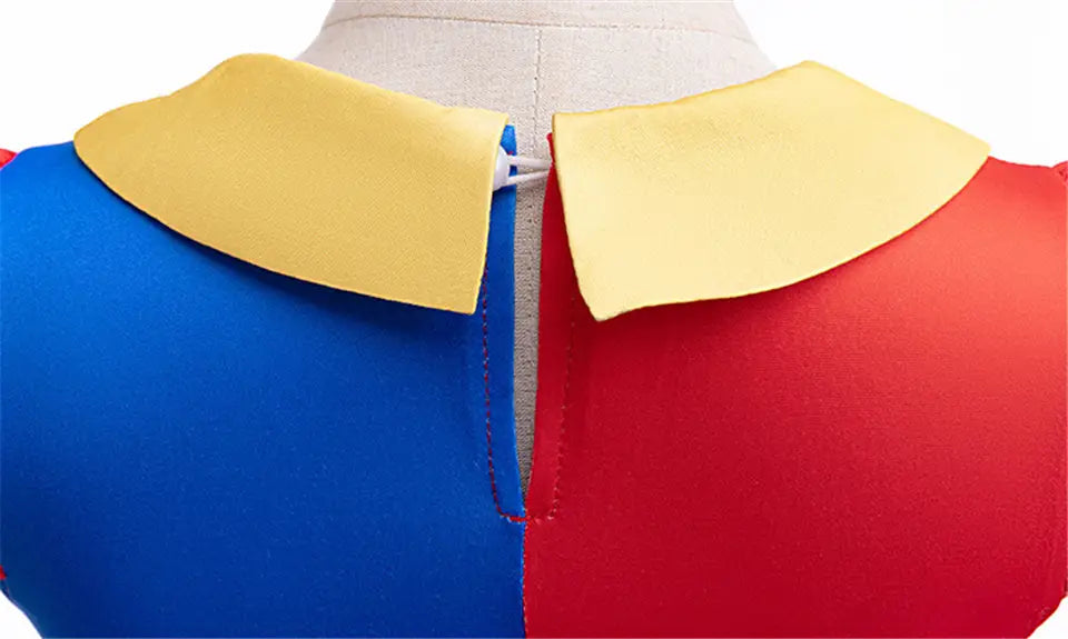 Pomni clown costume dress featuring a vibrant two-tone blue and red top with bright yellow collar accents and an included size chart.