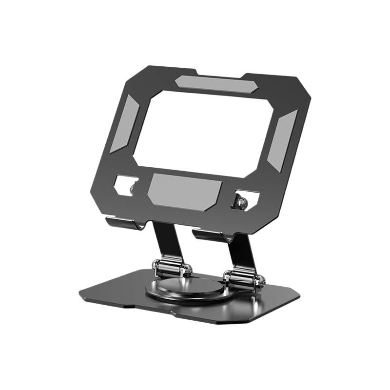 Black metal aluminum alloy tablet phone stand with a sleek angular design and adjustable legs featuring 360 rotatable functionality.
