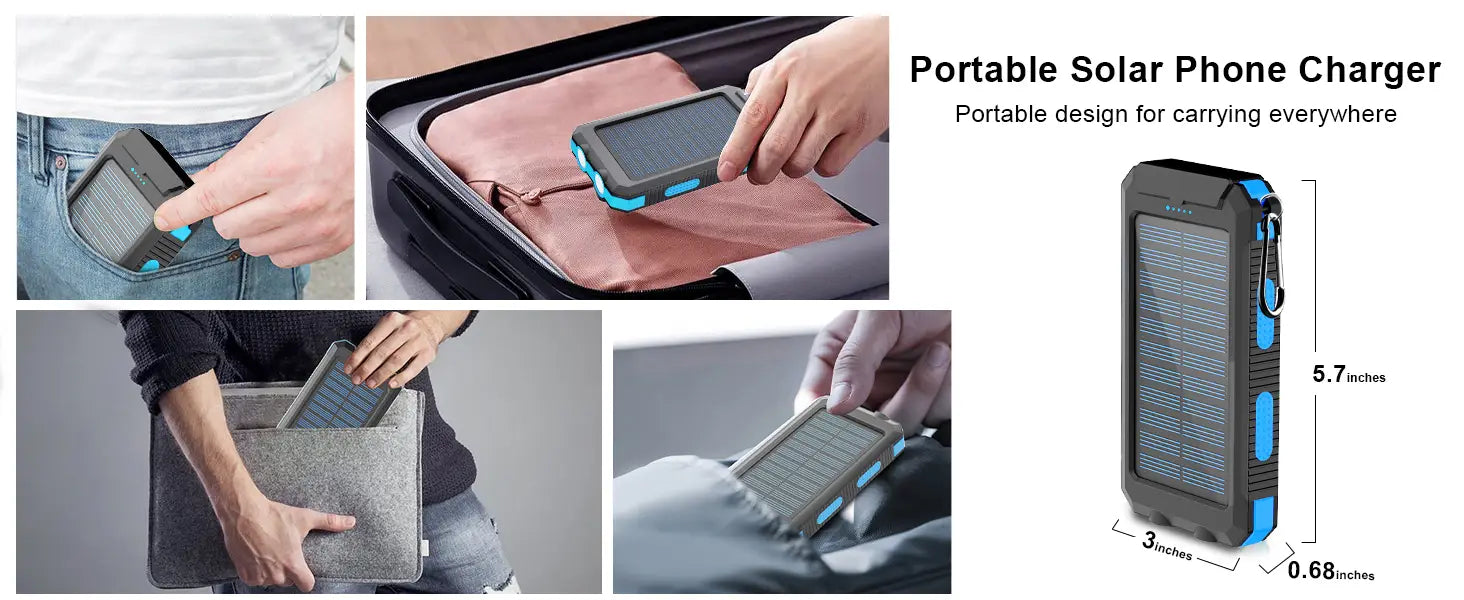 Solar-Powerbank 50000 mAh tragbares Ladegerät mit robustem grauem und blauem Design, mit integrierter Solarpanel auf der Vorderseite zum Laden im Freien.