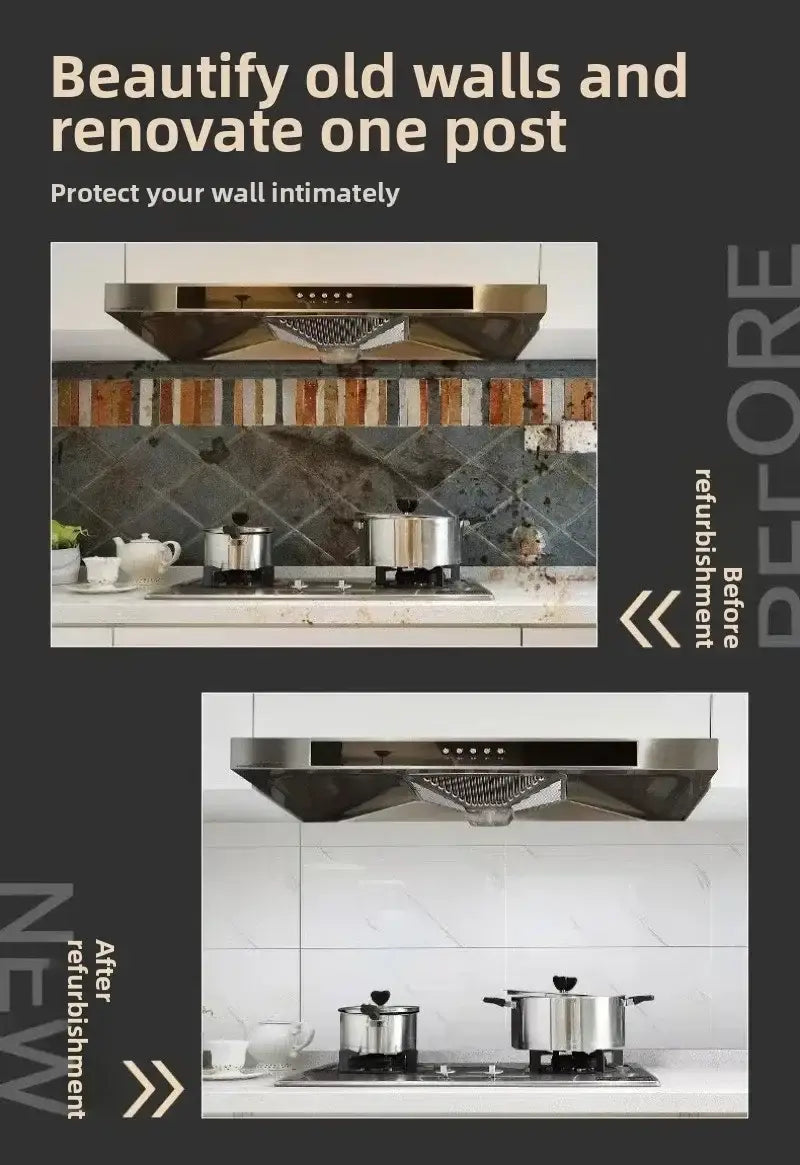 Campana extractora de acero inoxidable con diseño moderno y elegante y panel de control integrado, mostrada por encima de pegatinas para azulejos duraderas con paneles de mármol autoadhesivos impermeables con respaldo adhesivo.