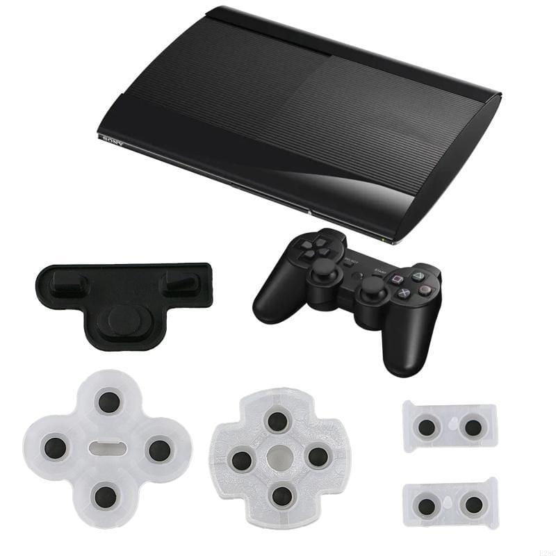 Schwarze Sony PlayStation-3-Konsole mit strukturierter Oberfläche und dazu passender schwarzer Controller mit leitfähigem Gummipol-Set für eine verbesserte Leistung.