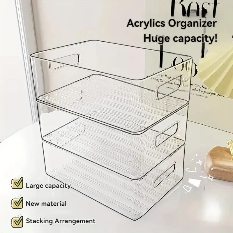 Organisateur de rangement en plastique transparent acrylique à trois niveaux, empilable, avec poignées intégrées et étagères intérieures nervurées, fabriqué dans la partie continentale de la Chine, produit réel.