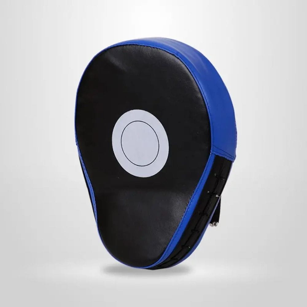 Blue and black boxing punch pad focus mitt with a white circular target mark designed for fitness gear training.