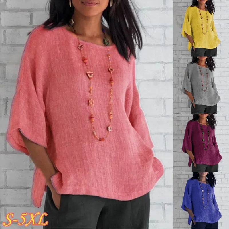 2026 Women Blouse Shirts new foreign trade women's seven quarter sleeved round neck cotton and linen shirt top woman Blouses