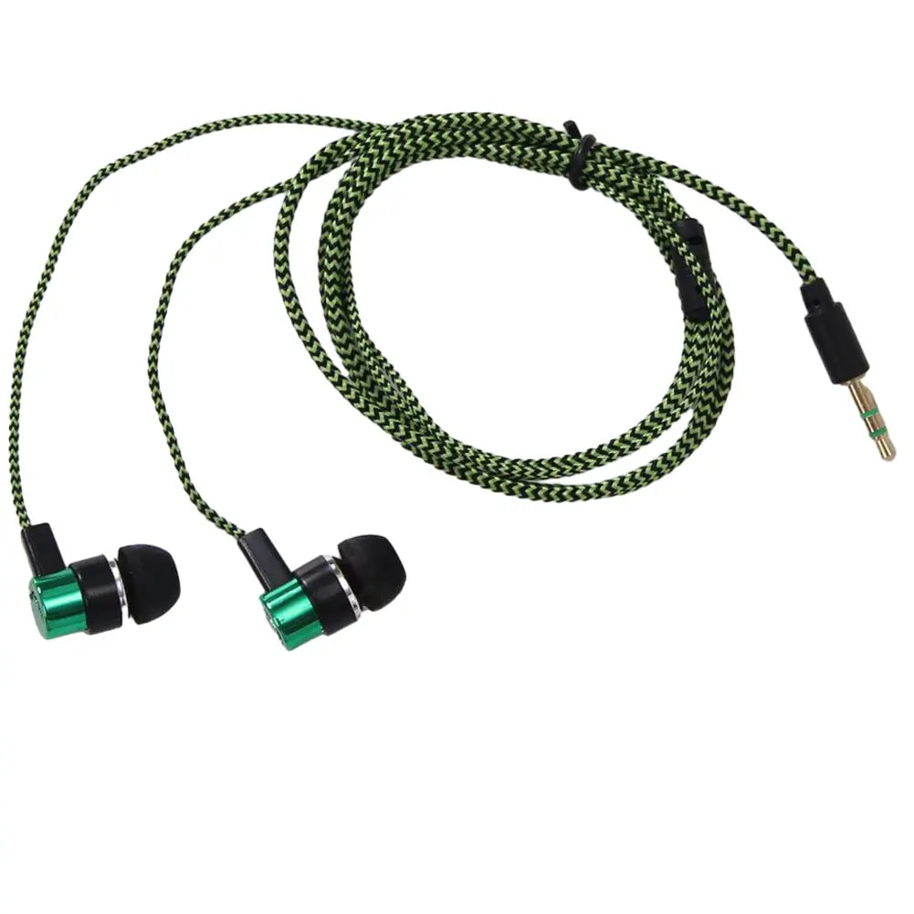 Bass-Stereo-Ohrhörer mit grün-schwarzem gewebtem Kabel und metallisch-grünen Akzenten an den Ohrhörergehäusen mit 3,5-mm-Klinkenstecker