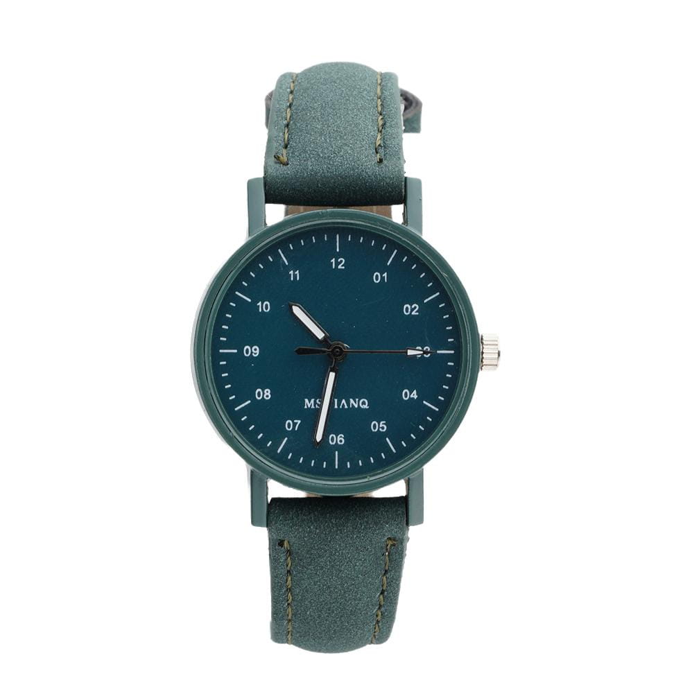 Women quartz watch with a minimalist green leather strap, dark teal dial, and white hour markers designed as a waterproof wristwatch.