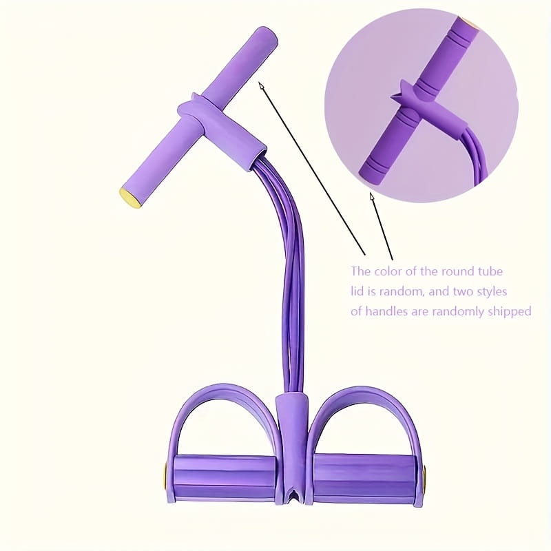 Purple rubber resistance band set for strength training with t-shaped handles and foot loops for versatile exercise use.