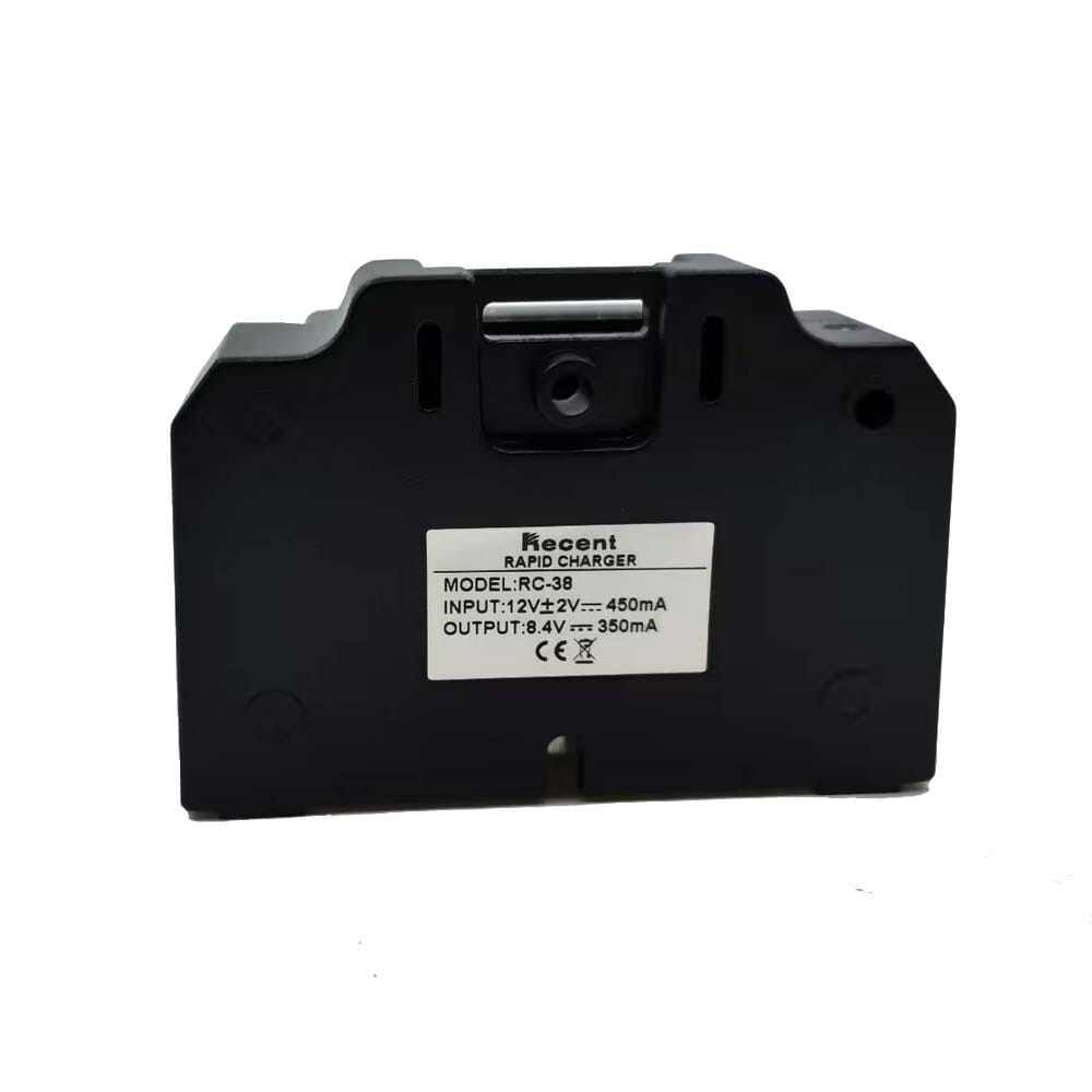 black plastic vhf marine radio charger for recent rs-38m with a rectangular body and molded edges designed for rapid charging