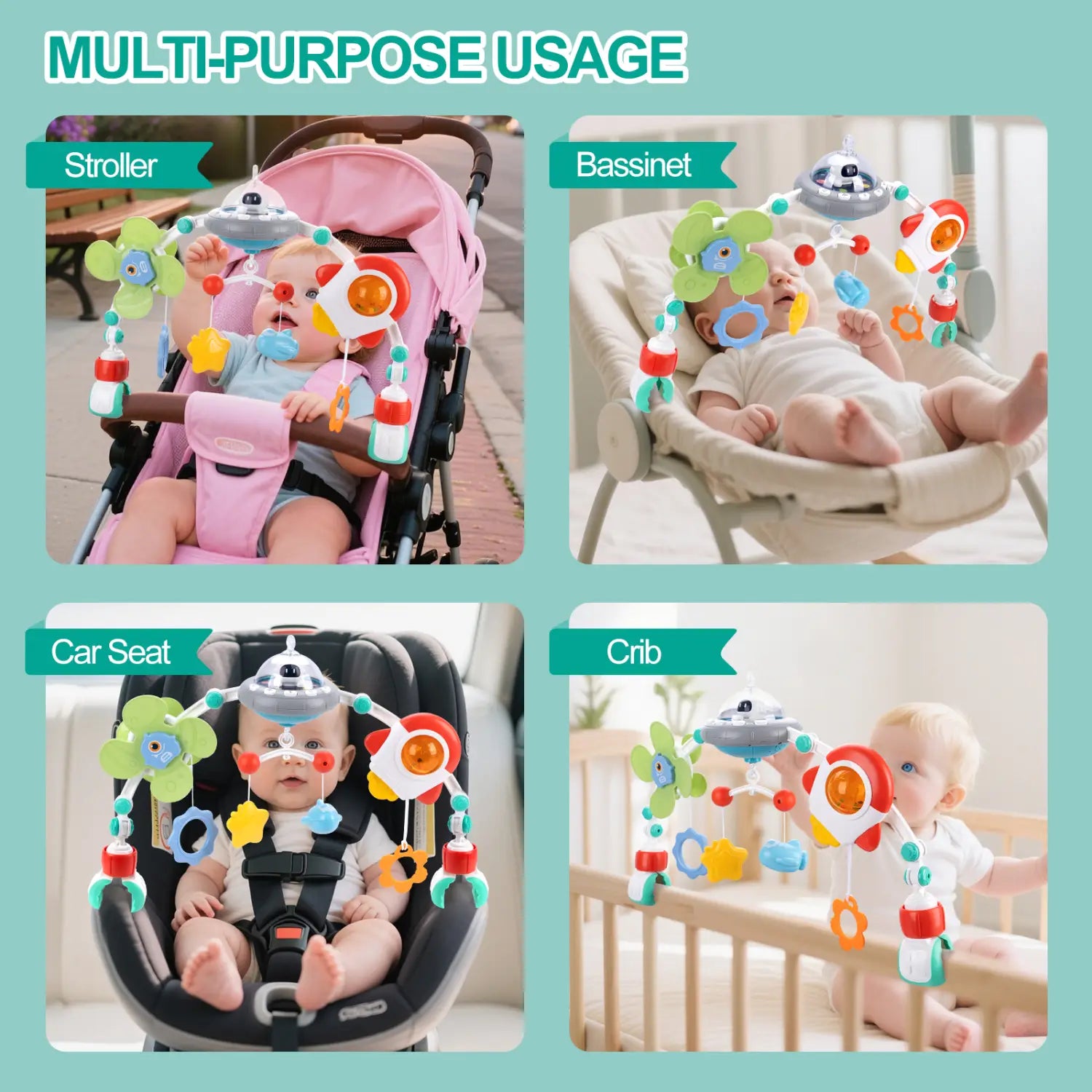 Jouet d’arche pour poussette de bébé multi-fonctionnel et coloré, à design sur le thème de l’espace, avec des planètes et des fusées, pour un centre d’activités marin
